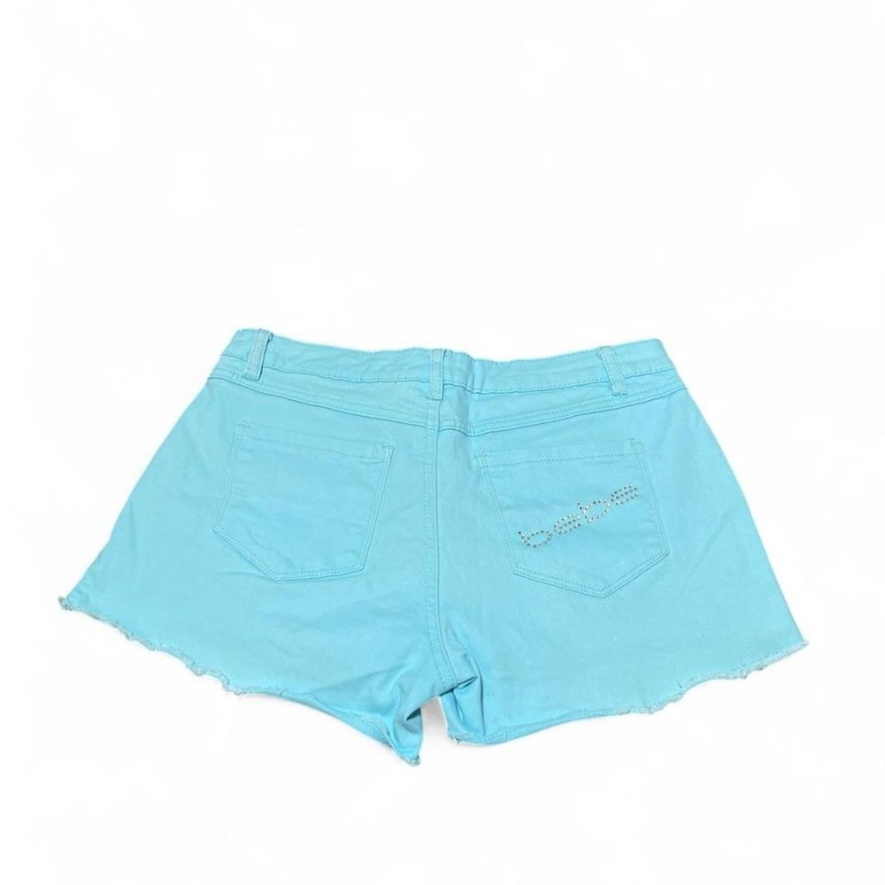 Bebe light blue denim shorts with rhinestone logo on pocket